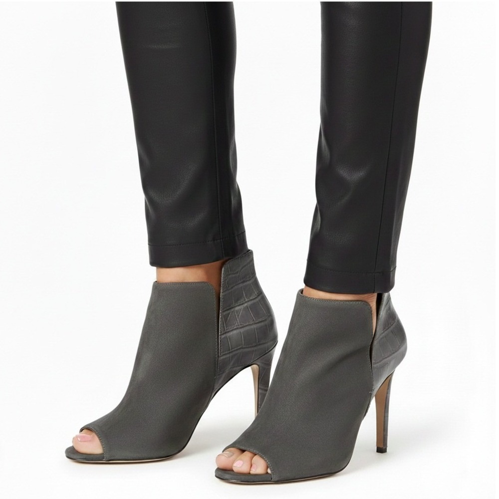 Sigerson Morrison Heeled Booties Womens 8.5 Gray Suede Croc Embossed Peep Toe